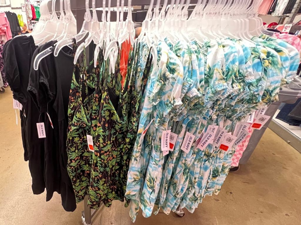 A rack of girls dresses on clearance at Old Navy