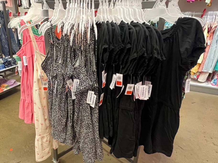A rack of clearance dresses at Old navy