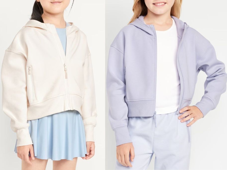 Stock images of two girls Old Navy Girl's Dynamic Fleece Zip-Front Performance Hoodies