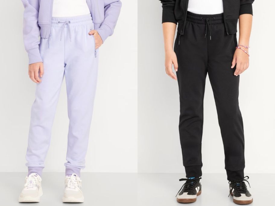 Stock images of two girls wearing Old Navy Girl's Slim High-Waisted Dynamic Fleece Joggers