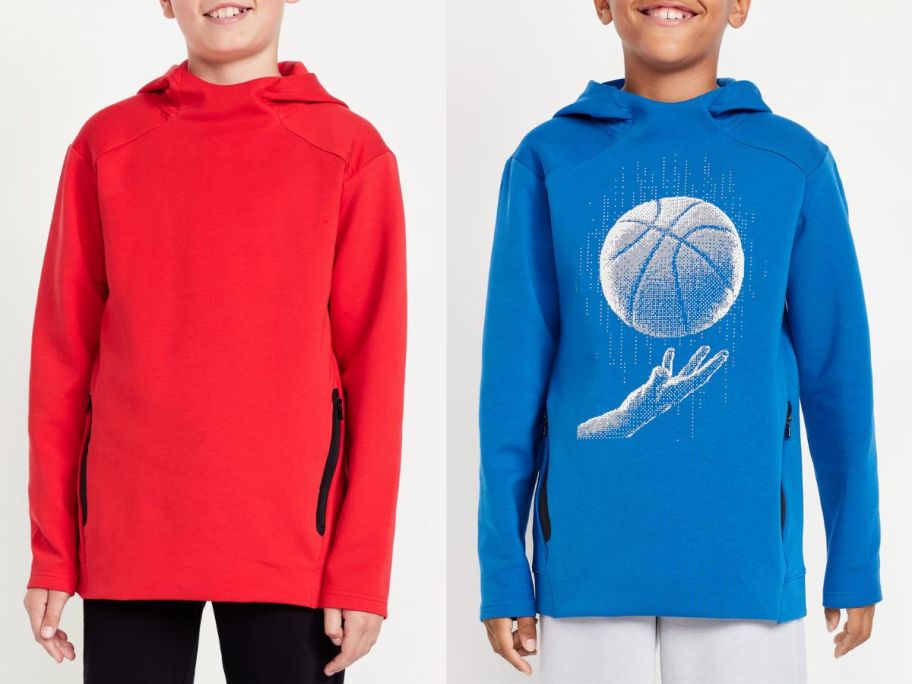Stock image of two boys wearing Old Navy Boy's Dynamic Fleece Pullover Hoodies