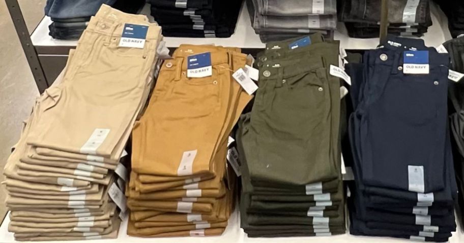 Folded pants on a table at Old Navy