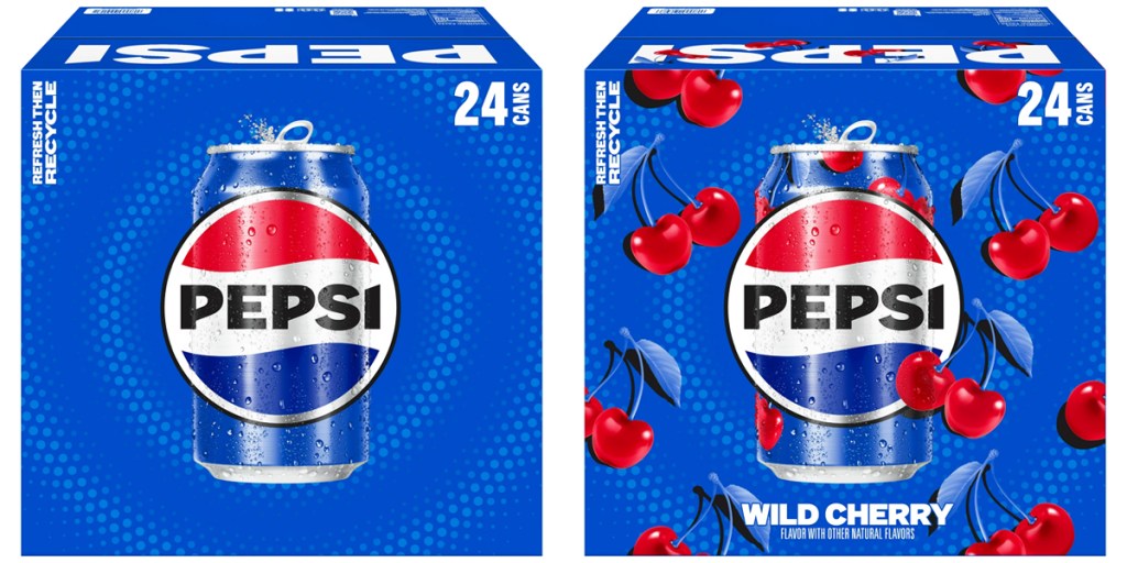 large boxes of pepsi and wild cherry pepsi cans