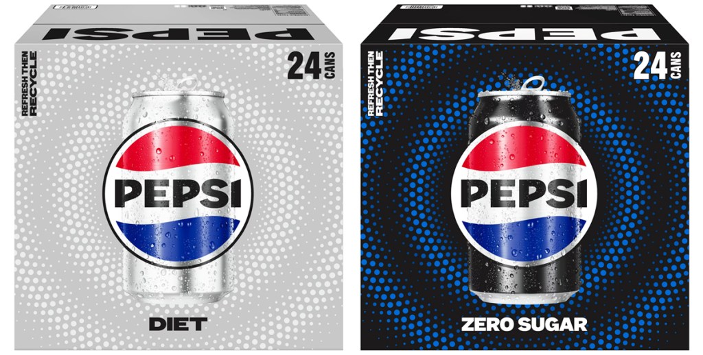 large boxes of diet pepsi and pepsi zero cans