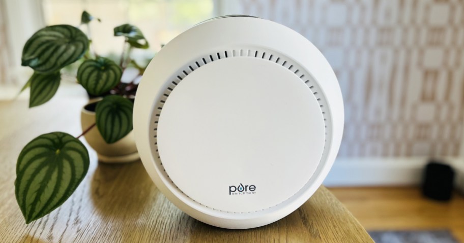 round white air purifier on wood table near a plant