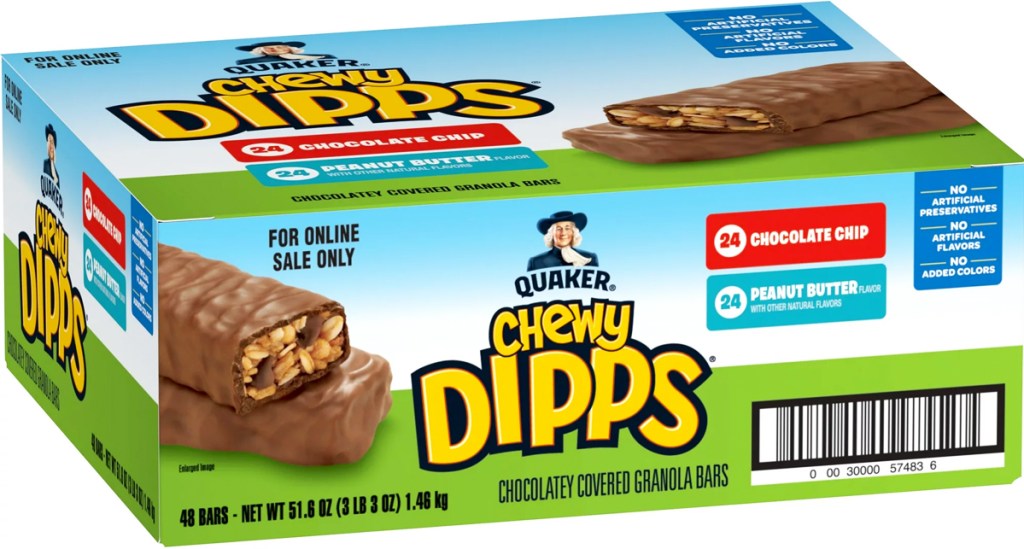 large box of Quaker Chewy Dipps Granola Bars in Chocolate Chip & Peanut Butter flavors