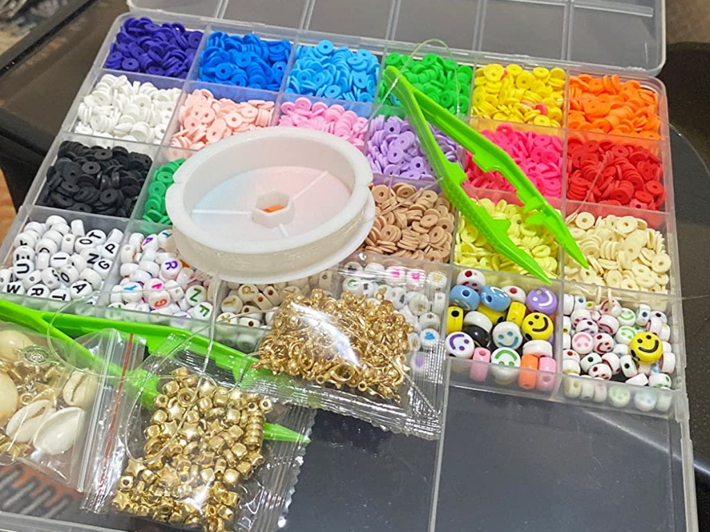 huge bracelet making kit with colorful beads separated in plastic case