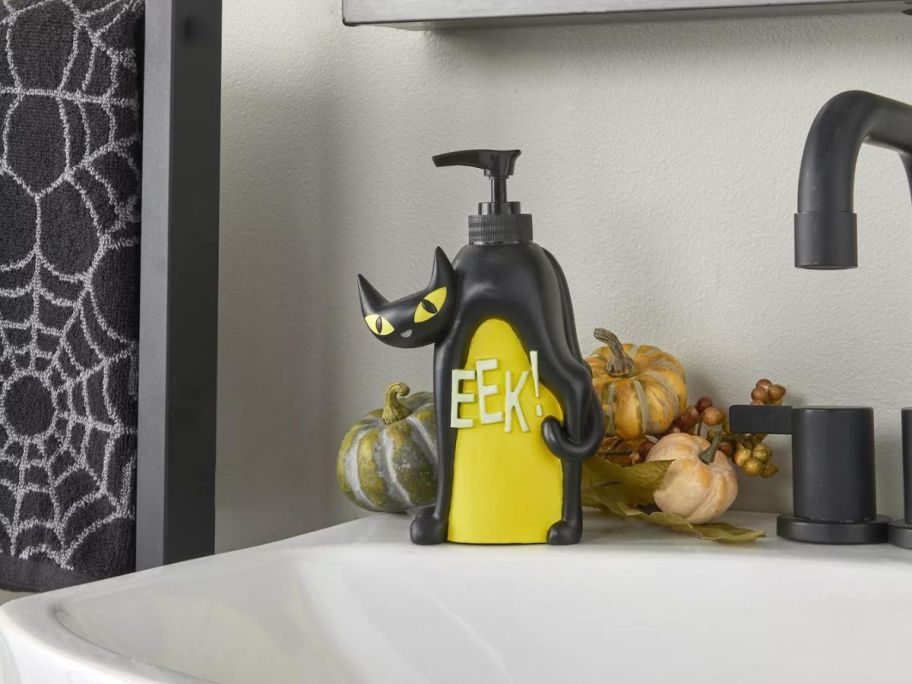 SKL Home Scary Cat Soap & Lotion Dispenser on sink