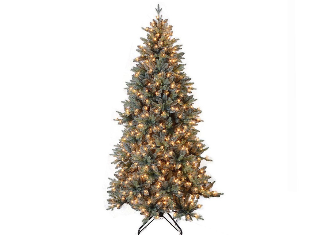 ورشة عمل سانتا مضاءة مسبقًا بشجرة عيد الميلاد من خشب التنوب الأزرق مقاس 7.5 بوصة