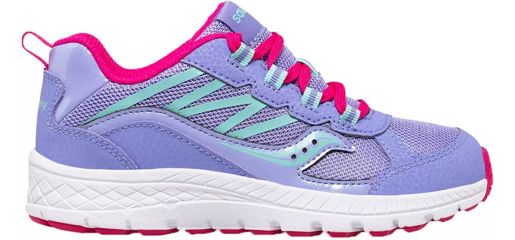 purple, blue and pink running shoe