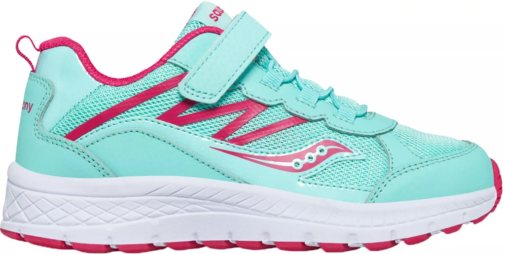 light blue, pink, and white running shoe