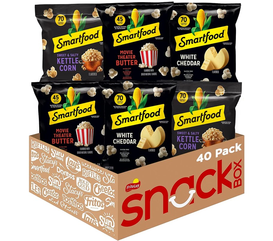 smartfood popcorn bags in brown shipping box