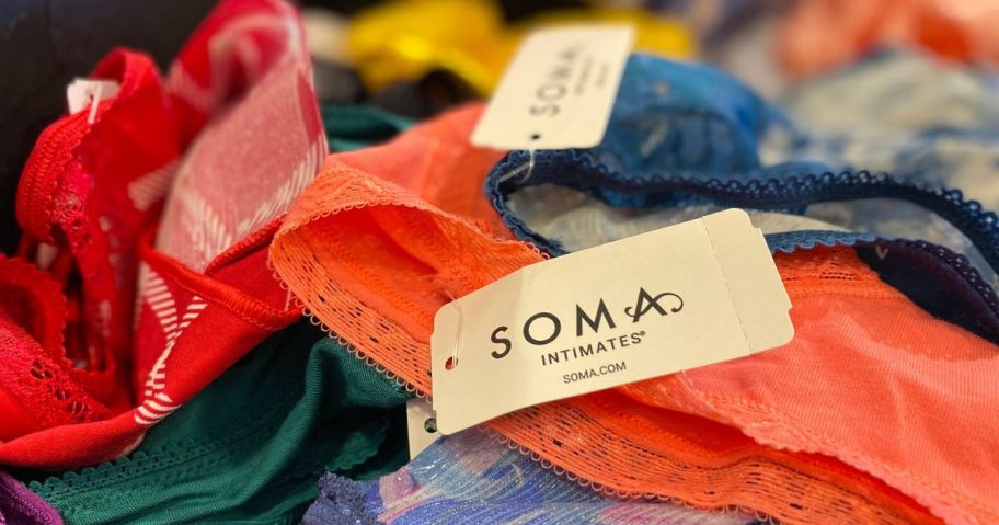 A pile of Soma panties with tags on them