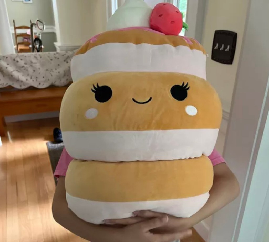 child holding a strawberry pancake squishmallow