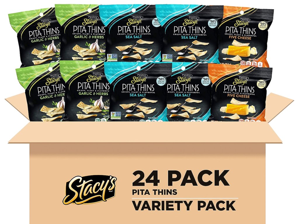 box with a variety of bags of Stacy's Pita Thins