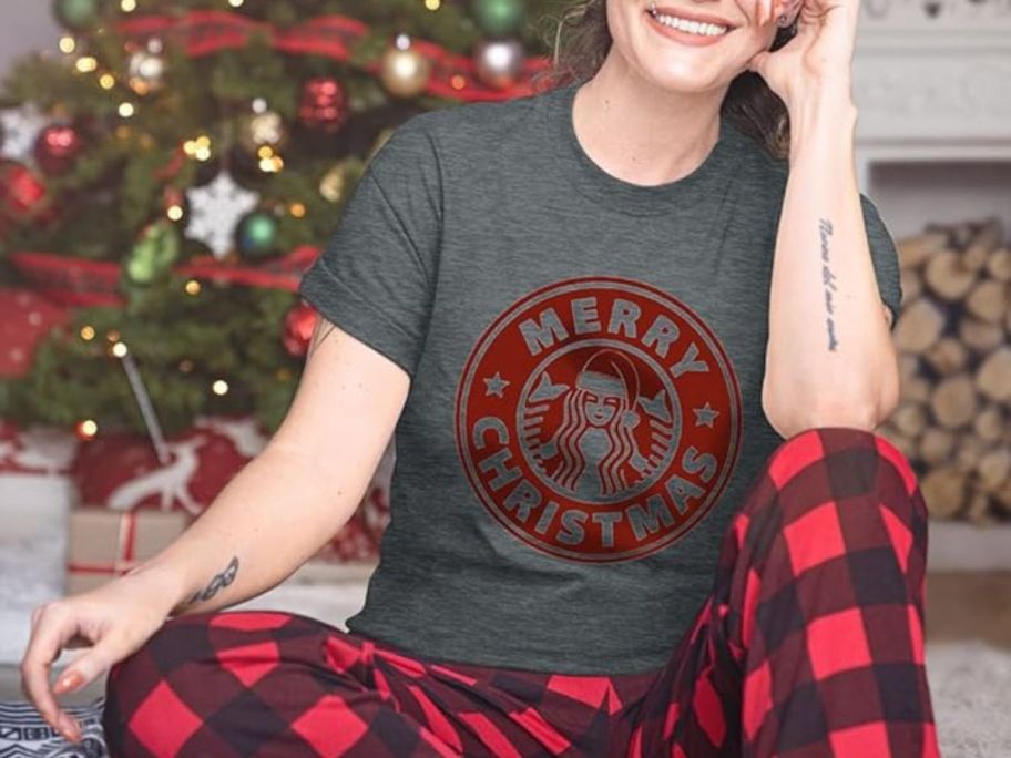 woman weaing a Starbucks Inspired Christmas Tee