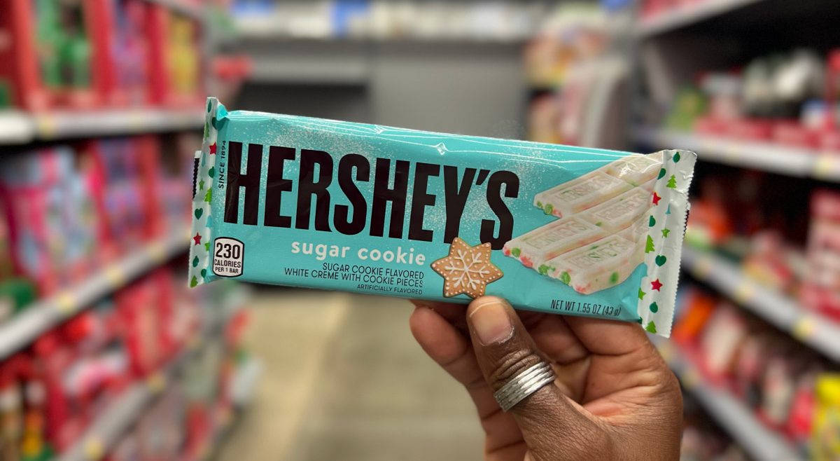 hand holding up a sugar cookie flavored Hershey's Bar