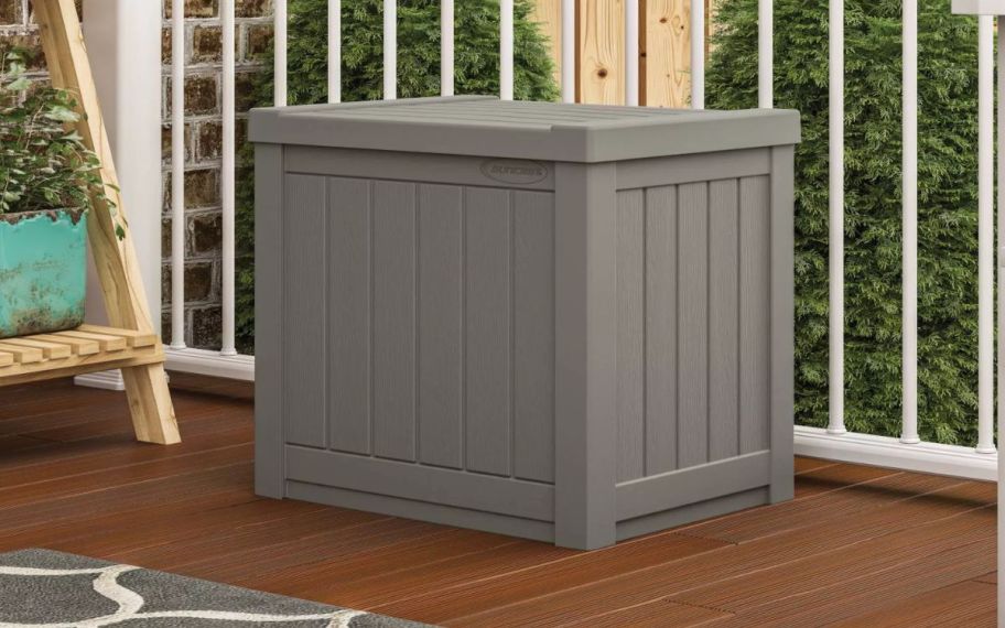 a Stoney Gray 22 gallon deck box on a deck