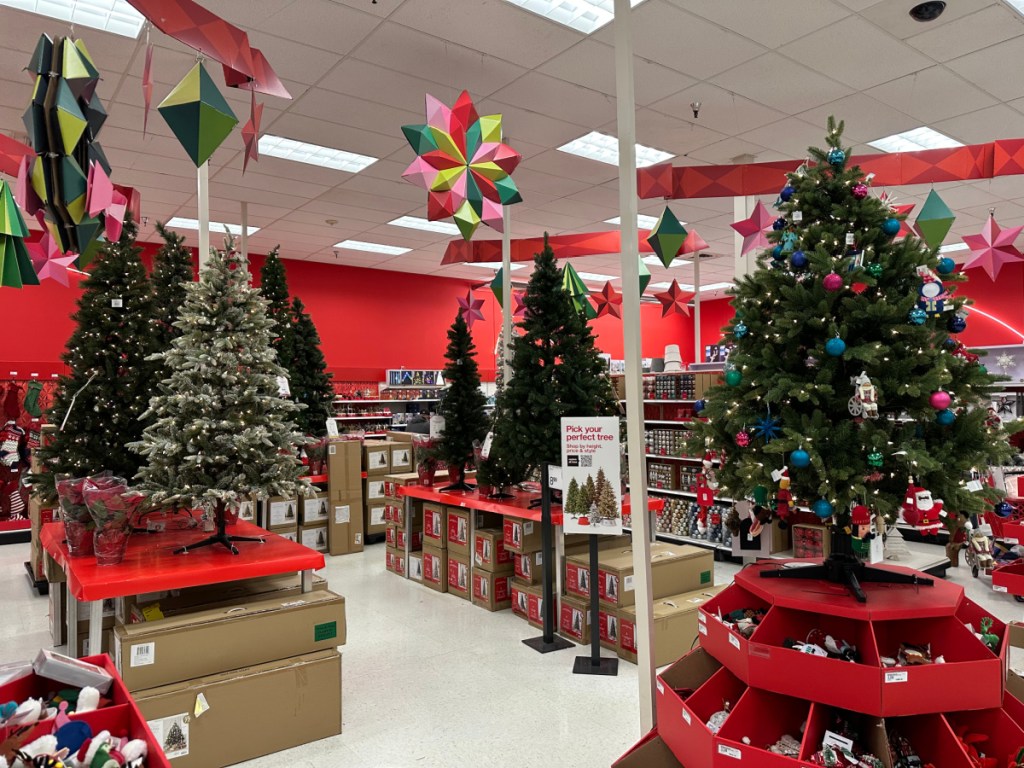 Christmas trees on display inside Target stores