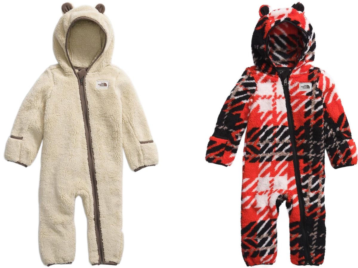 Stock images of two The North Face Baby fleece coveralls