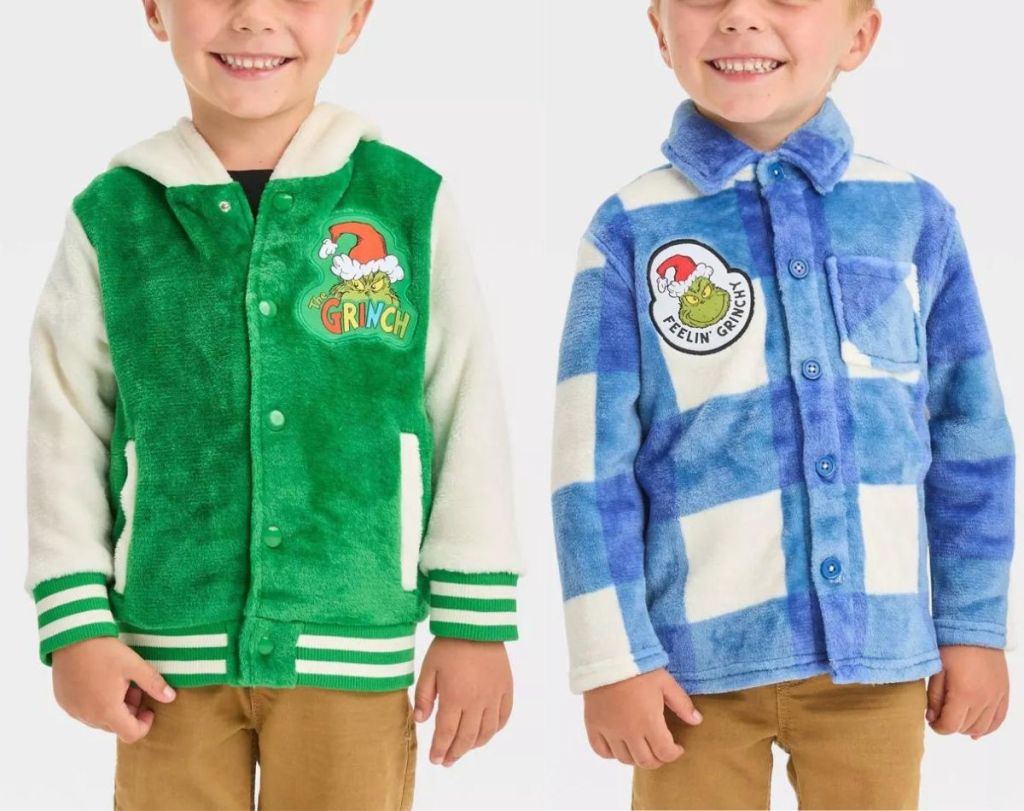 2 boys wearing Toddler Boys' The Grinch Woobie Varsity Jacket