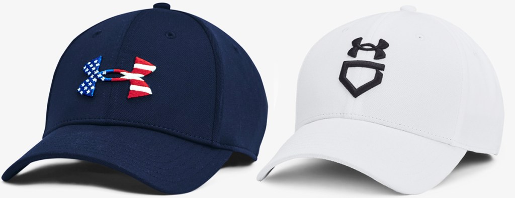 navy blue and white under armour hats