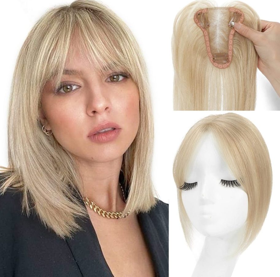 An affordable human hair topper with bangs