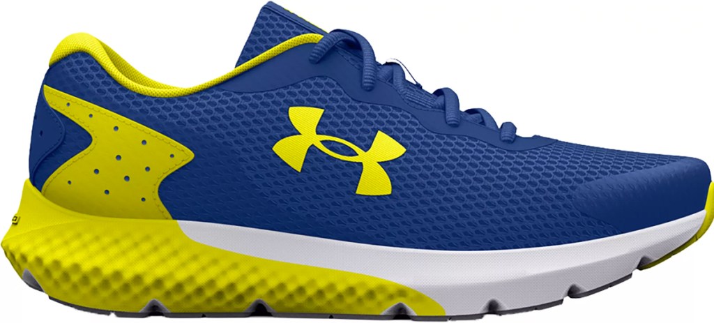 blue, yellow, and white under armour running shoe