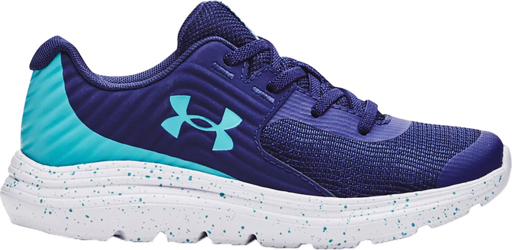 dark blue, teal, and white under armour running shoe