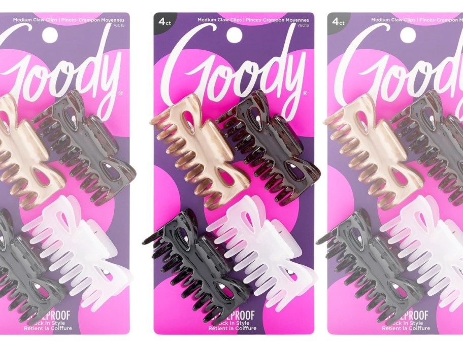packs of 4 Goody medium hair claw clips in neutral colors