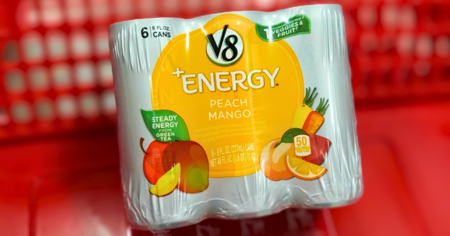v8 peach mango energy drinks in packaging