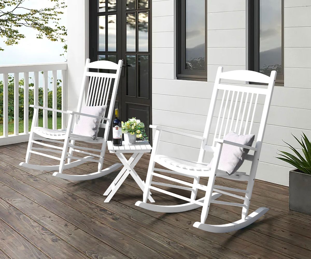 VEIKOUS 2 White Wood Frame Rocking Chair(s) with Slat Seat on a patio behind a house