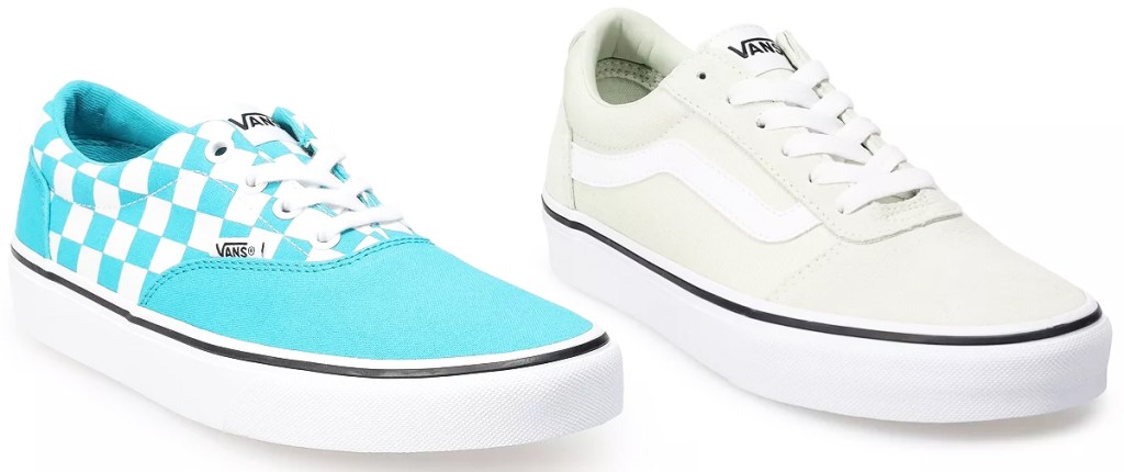 blue/white checkered and pale green vans sneakers