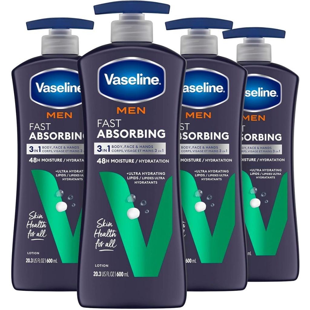 4 bottles of Vaseline Men Hand & Body Lotion Healing Moisture stock image gray bottle with green accents