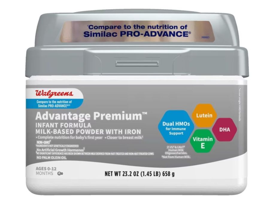 A container of Walgreens Advantage Premium Baby Formula Powder