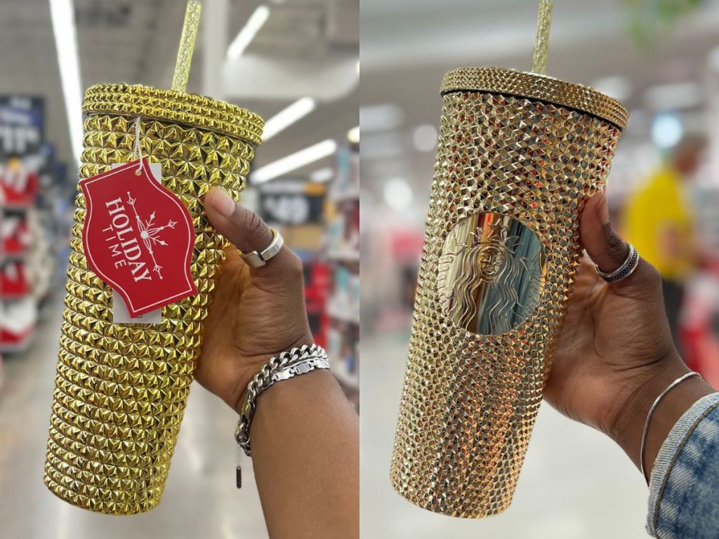 A side by side comparison of the Walmart Holiday Time Gold Tumbler and the Starbucks version. 