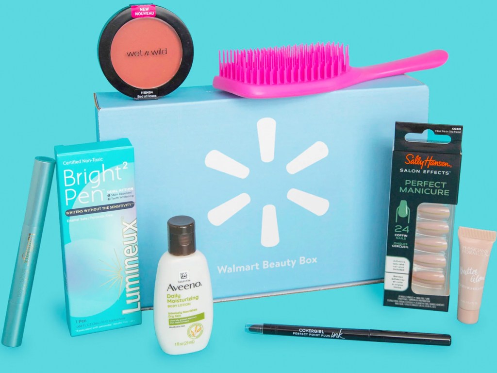beauty products surrounding a blue walmart beauty box