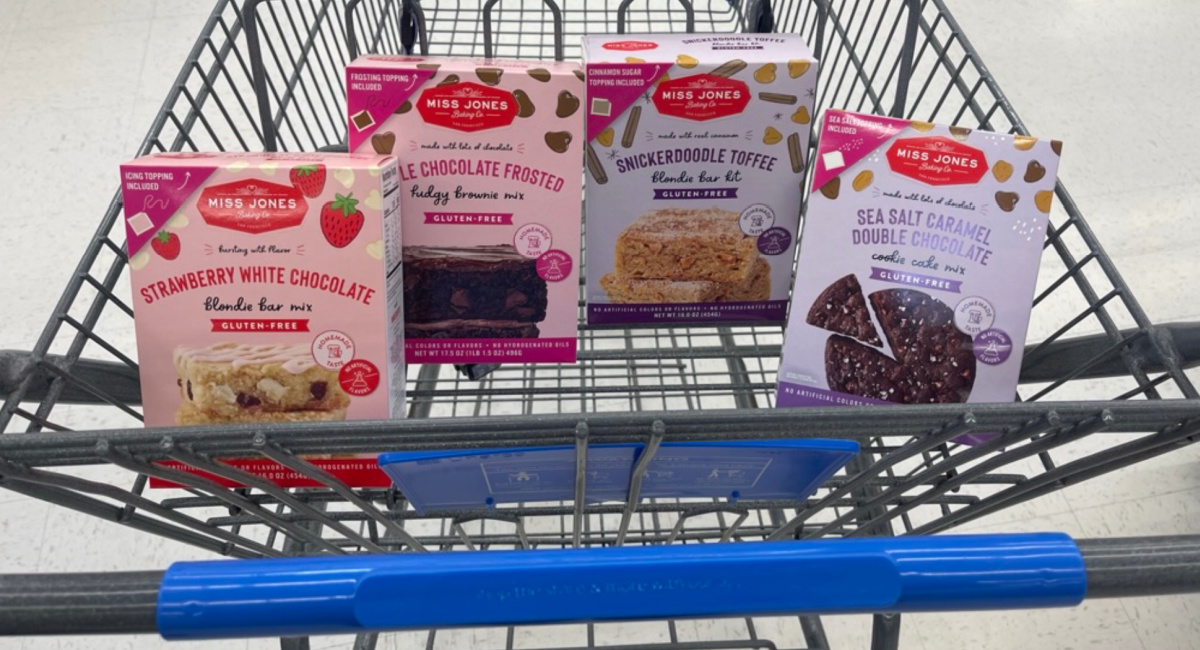 Walmart cart with Miss Jones dessert mixes in it