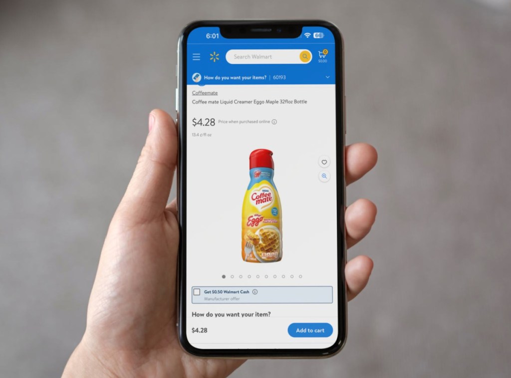 a phone showing a Walmart listing for Coffee Mate with Walmart Cash offer shown