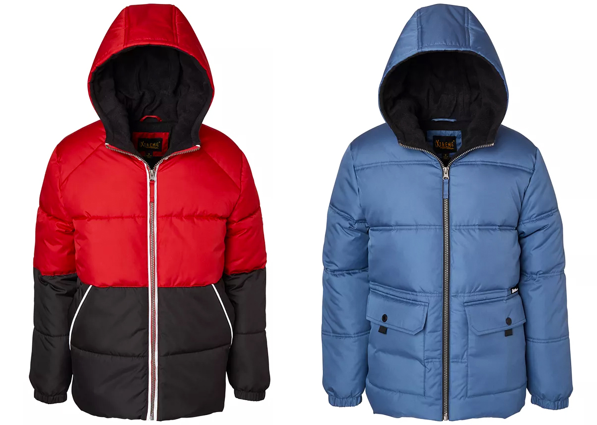 red and black color block and solid blue puffer jackets