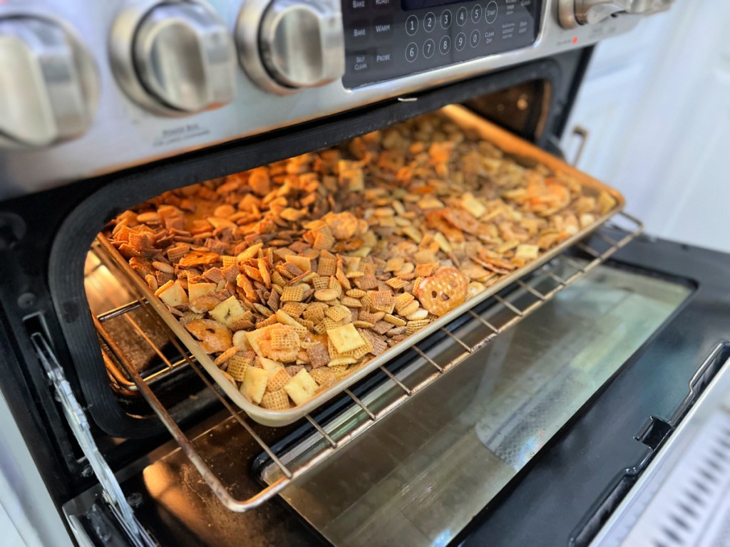 baking chex mix in a sheet pan