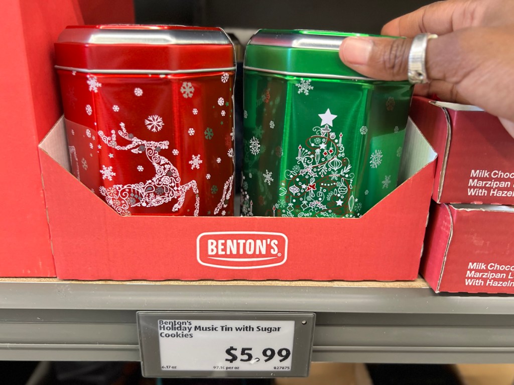 Benton's Holiday Music Tin with Sugar Cookies on shelf in store