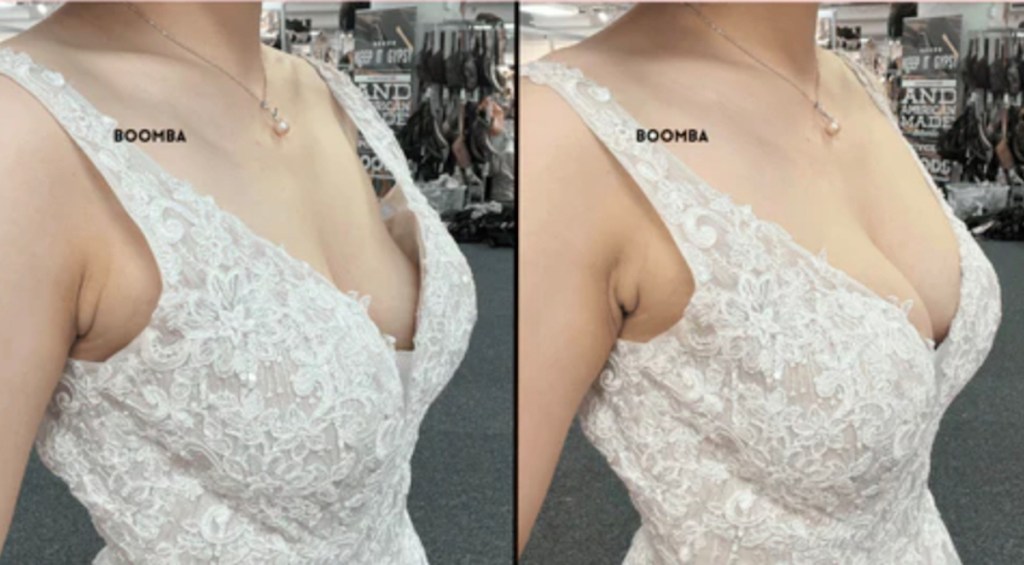 before and after comparison of woman wearing wedding dress