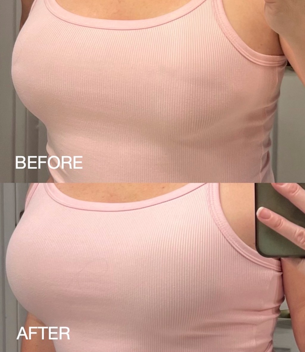 before and after of woman wearing light pink tank top with cakes