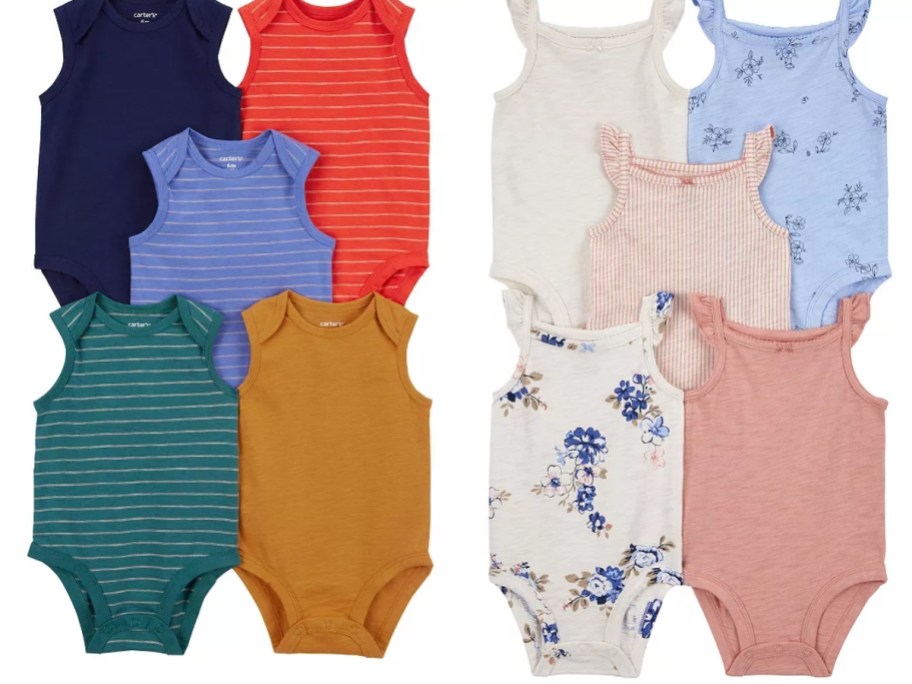 baby's 5-packs of body suits, one multi-color in stripes and one floral with flutter sleeves
