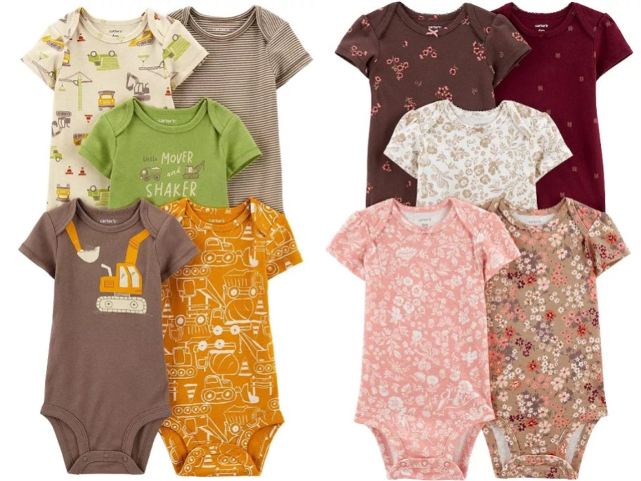 5 packs of baby short sleeved body suits, one with construction vehicles, one with flowers