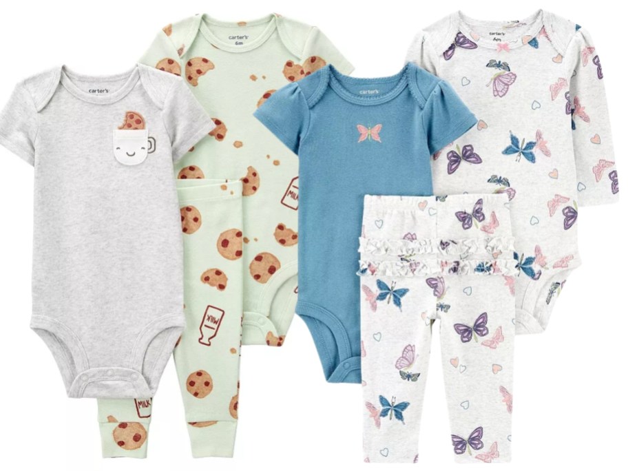 3-piece baby bodysuits and pants sets, one with milk and cookies, one with butterflies