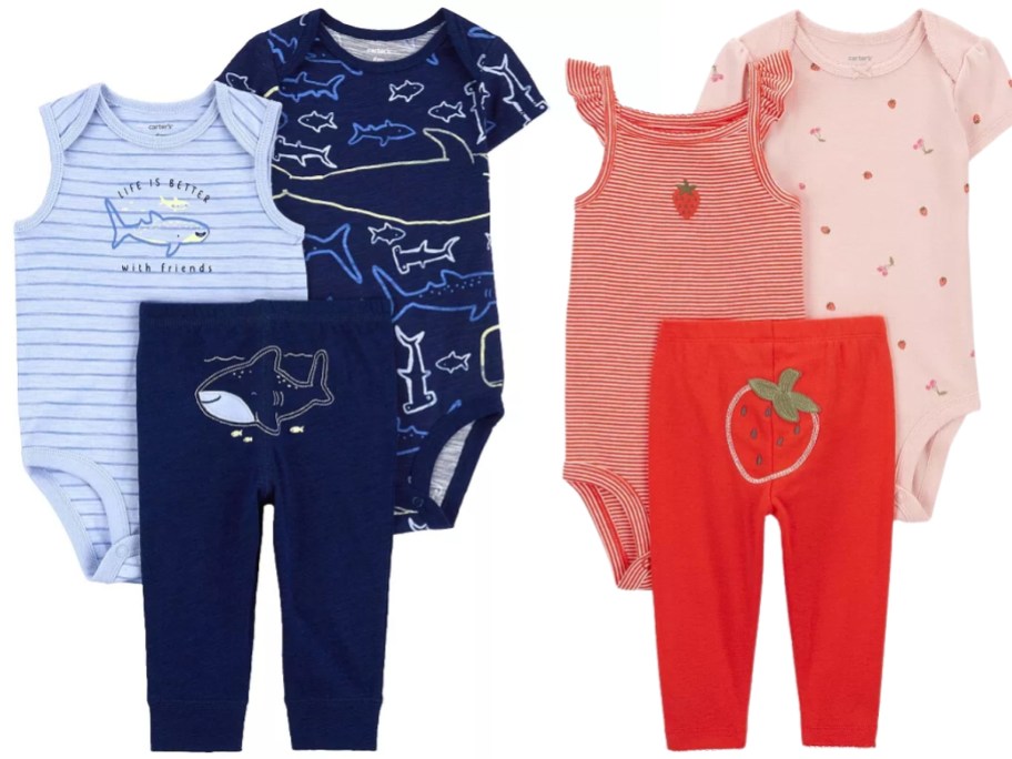3-piece baby body suit and pants sets, one blue with sharks and one red with strawberries