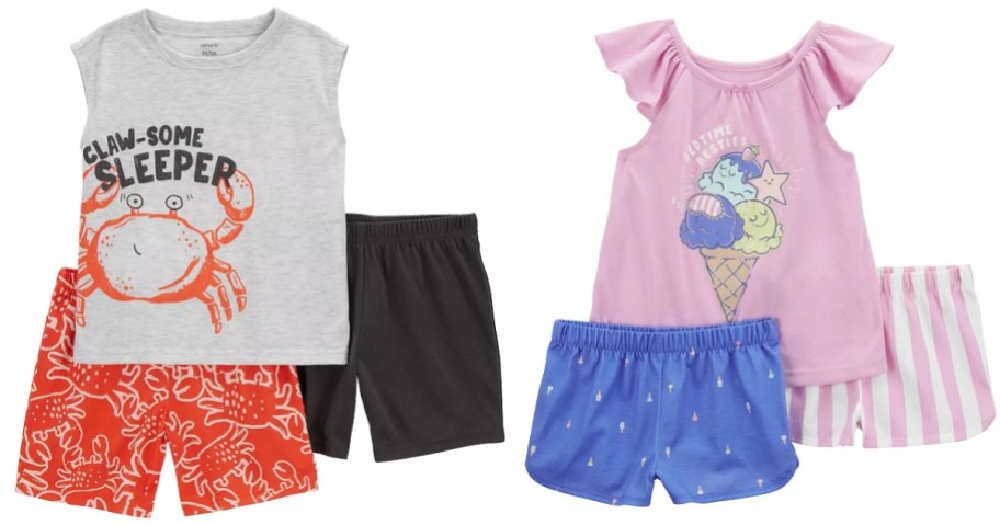 toddler's 3 piece pajama shorts sets, one with crabs and one with ice cream