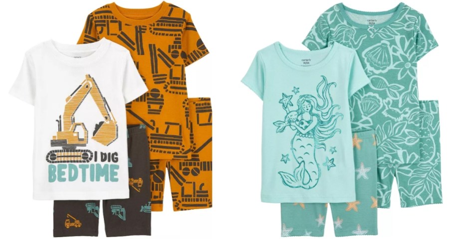 toddler's 4 piece pajama sets, one with construction vehicles, one with mermaids